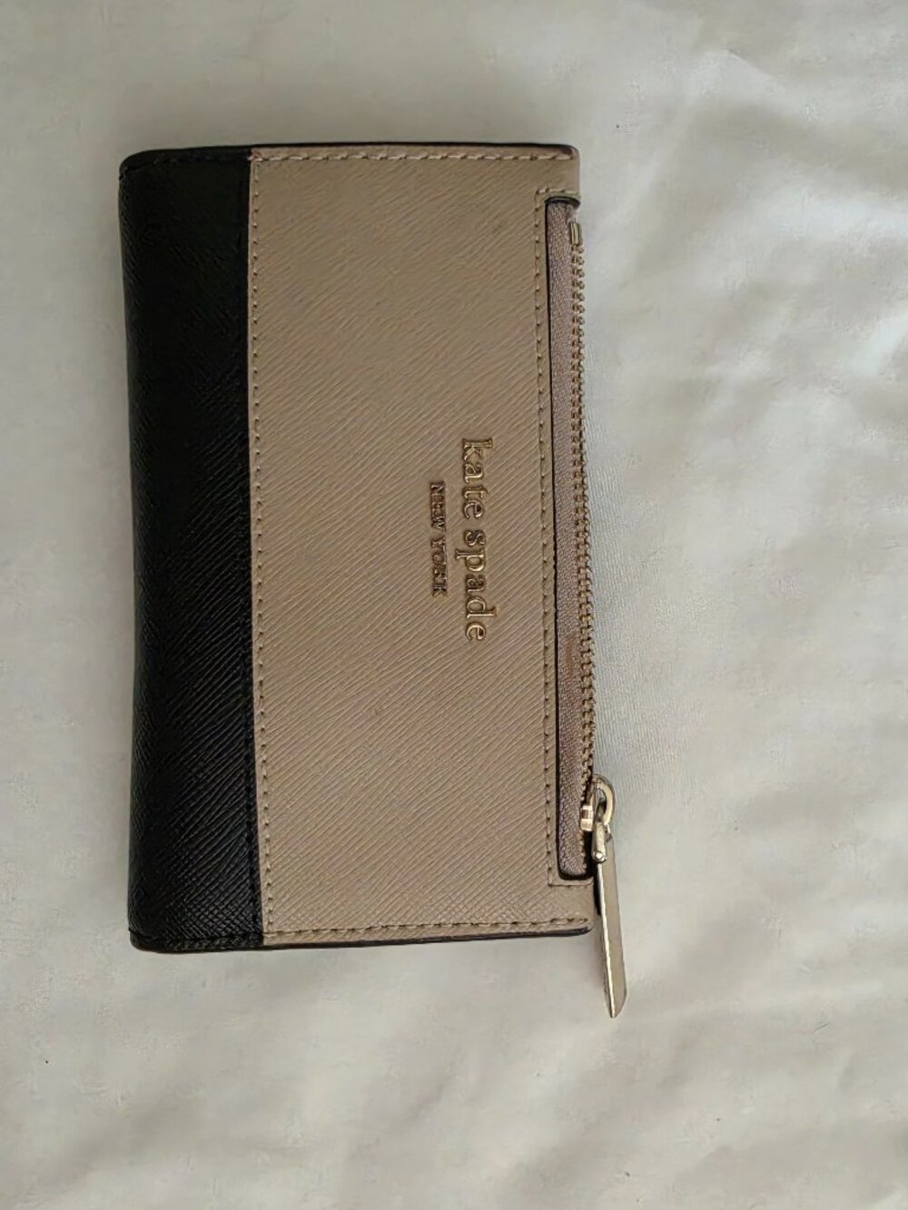 Kate Spade Small Leather Wallet | Taupe & Black | Mini Bifold - Picture 1 of 4